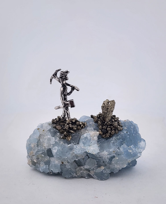 Celestite Crystal with Pewter Miner Figurine