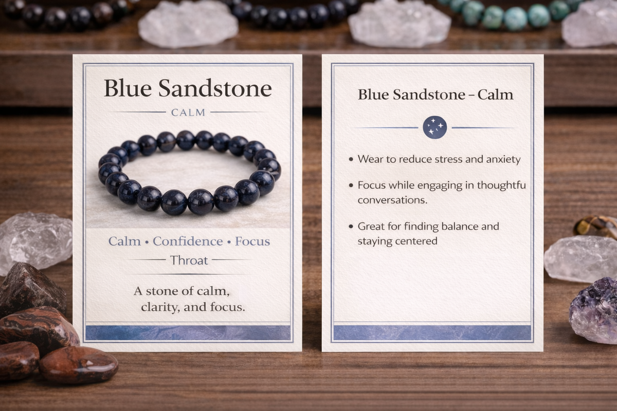 Blue sandstone bracelet with informational cards on a wooden surface