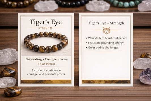 Two cards about Tiger's Eye gemstone with a bracelet on a wooden background.