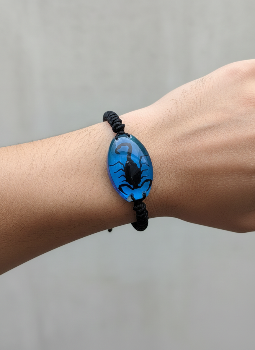 Blue scorpion bracelet being worn on wrist showing adjustable fit