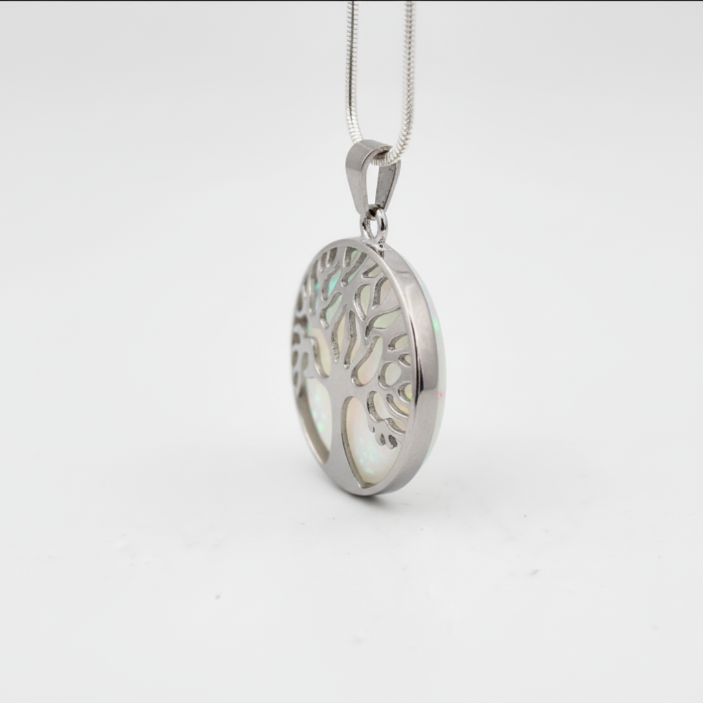 Side profile of Tree of Life opal necklace showing pendant depth and silver-plated chain