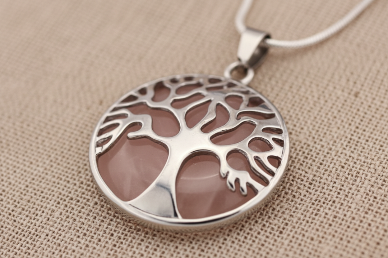 Close-up detail of Tree of Life rose quartz pendant showing intricate silver branches against pink healing stone