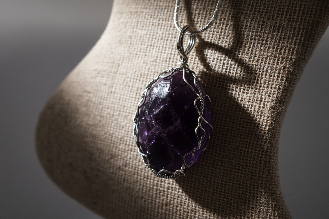 Close-up detail of wire-wrapped deep amethyst pendant showing handcrafted silver wire setting and rich dark purple stone