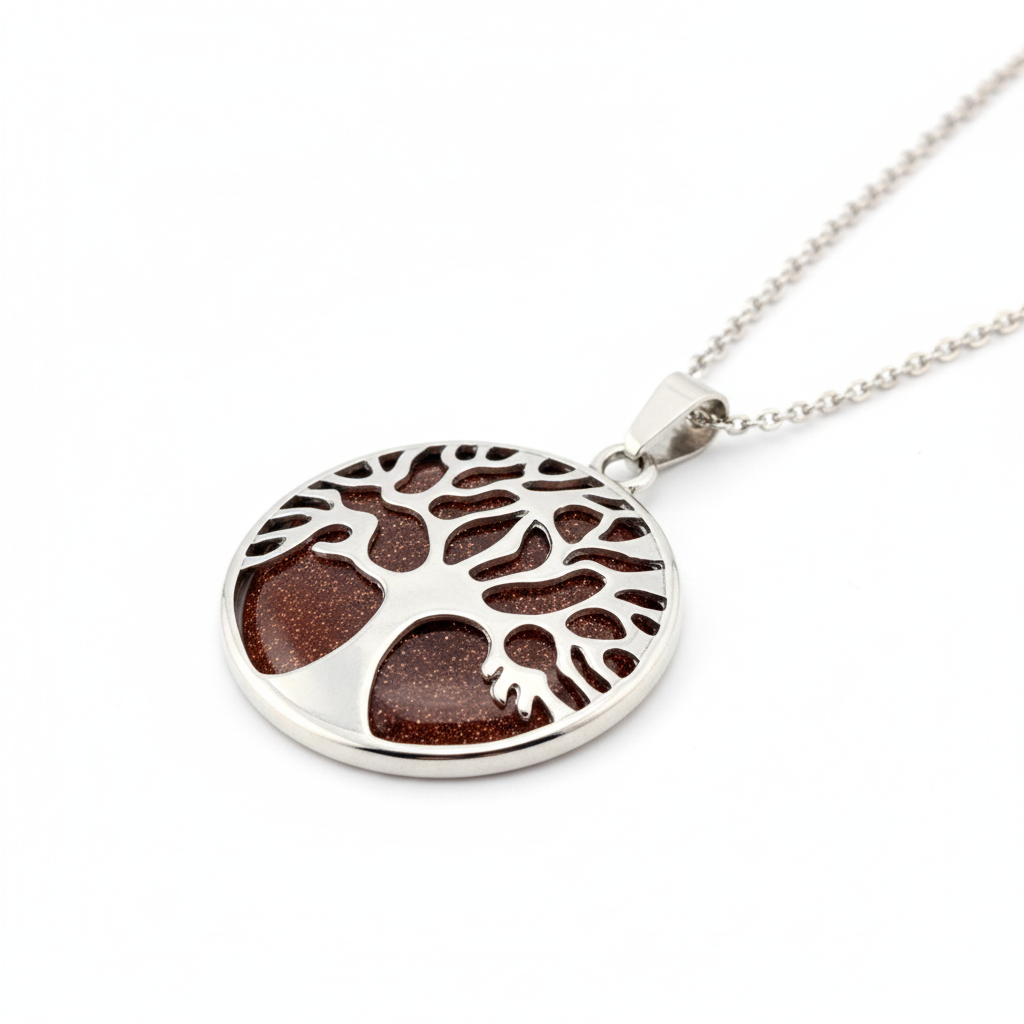 Tree of Life goldstone necklace shown at 45-degree angle highlighting sparkling copper flecks and silver Tree of Life design