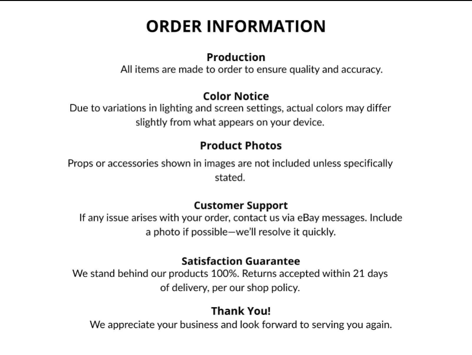 Order information text on a white background