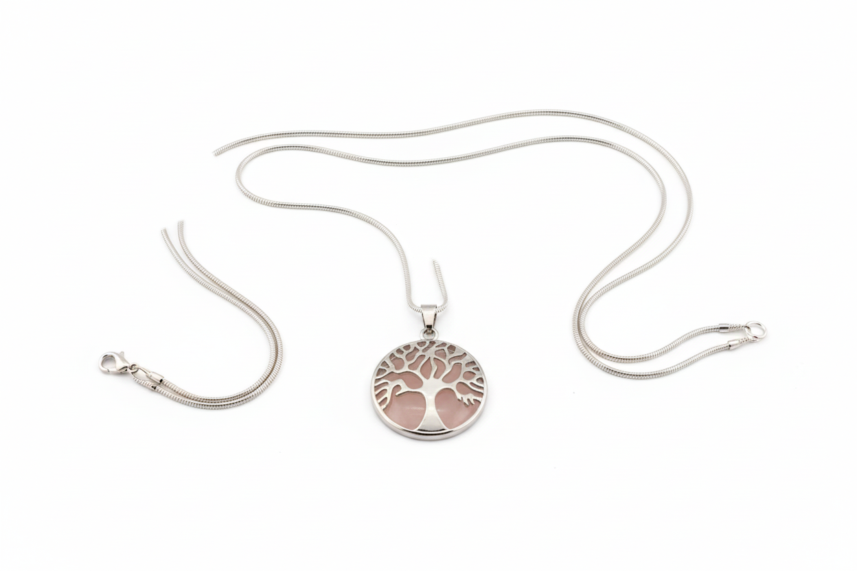 Full view of rose quartz Tree of Life necklace with complete 18-inch silver-plated chain