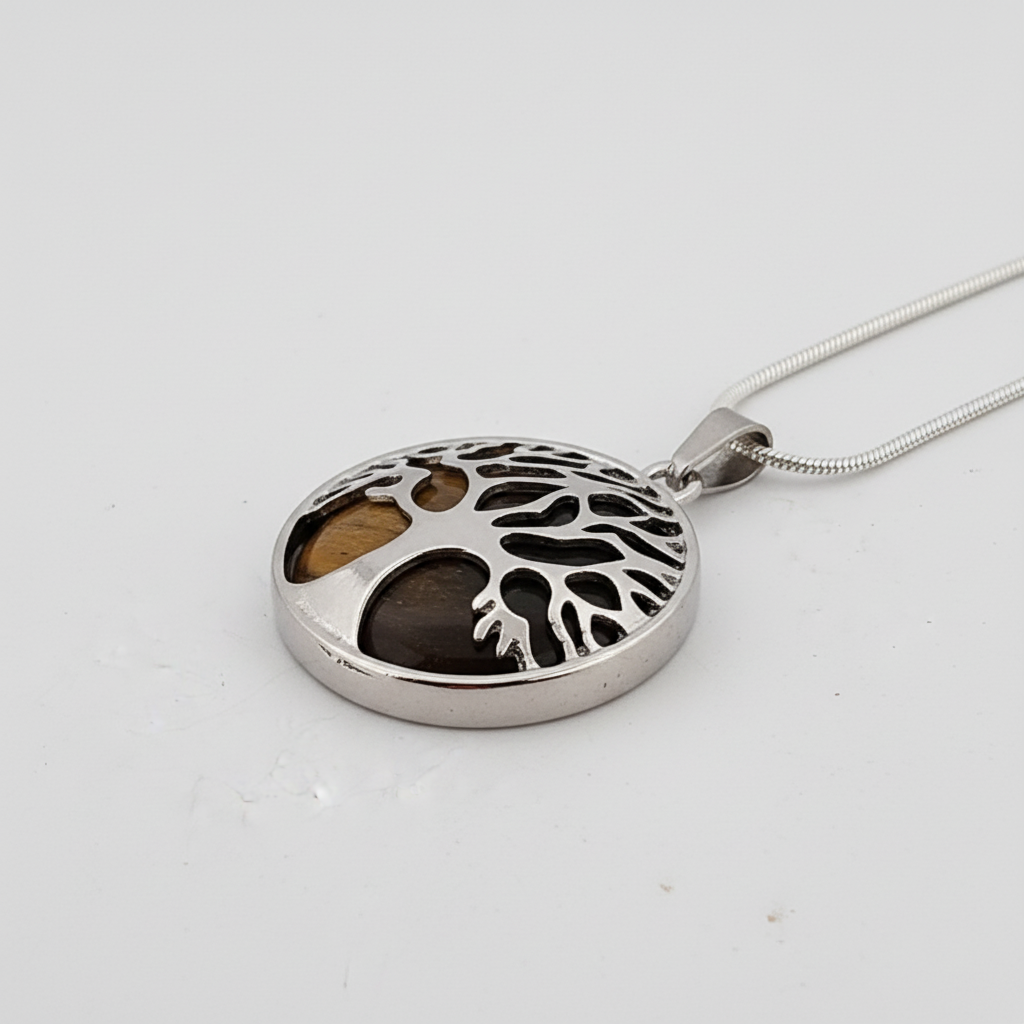 Side profile of Tree of Life tiger eye necklace showing pendant depth and silver-plated chain