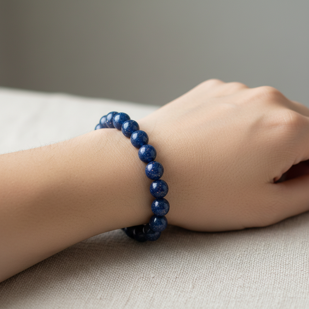 Person wearing blue sandstone crystal healing bracelet on wrist in natural lighting