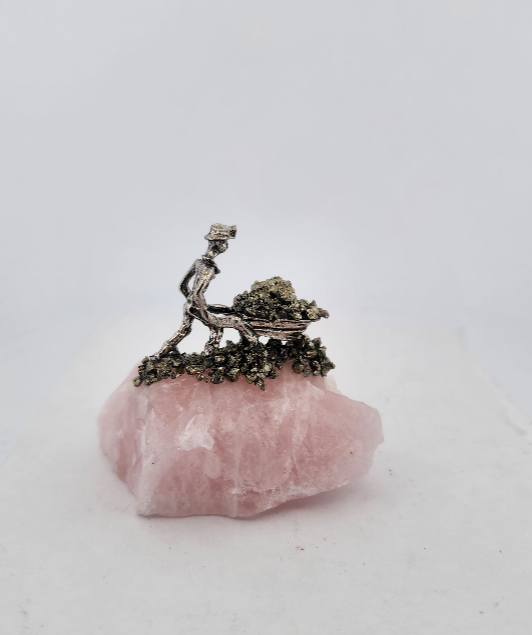 Rose Quartz Crystal with Pewter Gardener Figurine