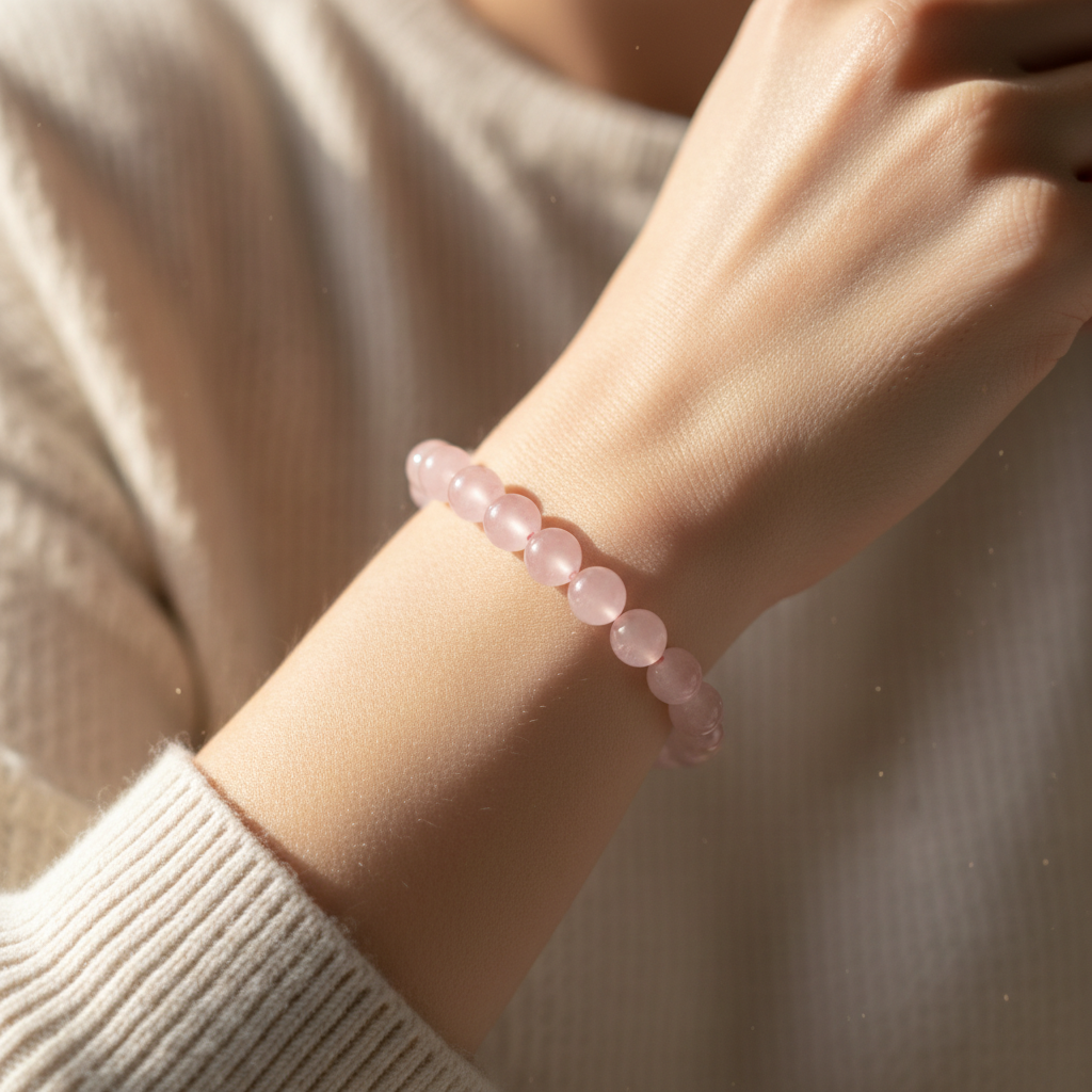 Person wearing rose quartz crystal healing bracelet on wrist in soft natural lighting