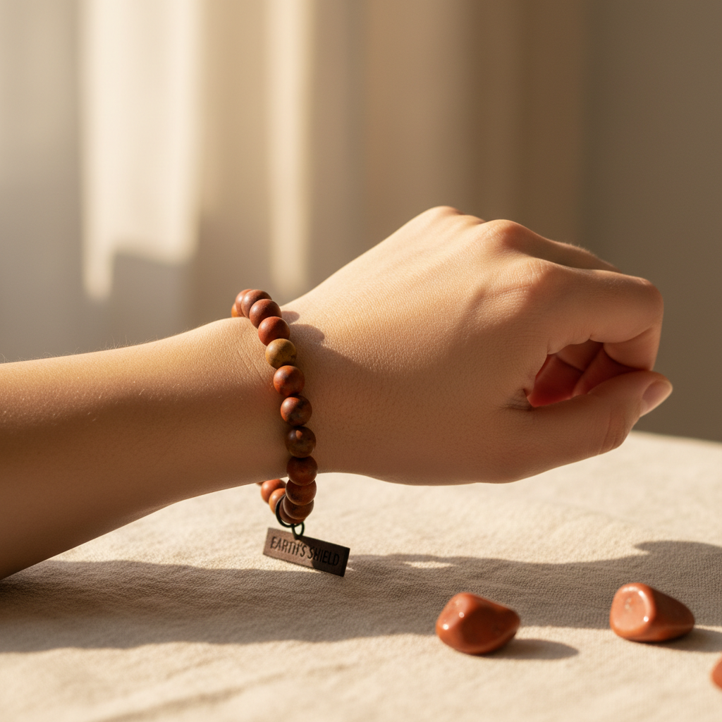 Person wearing red jasper crystal healing bracelet on wrist in natural lighting