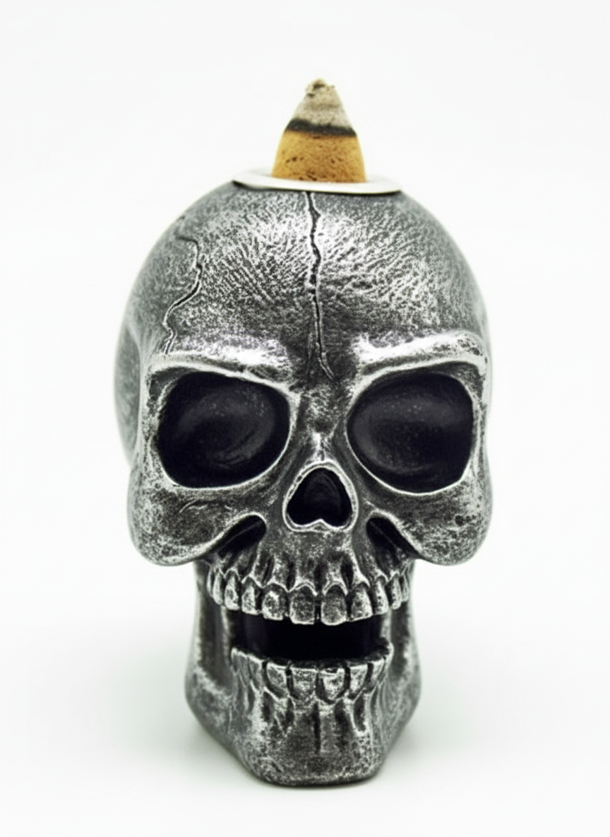Mini Silver Skull Backflow Burner - Front Detail