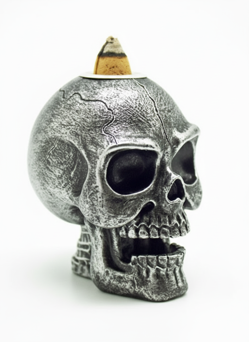 Mini Silver Skull Backflow Burner - Side View