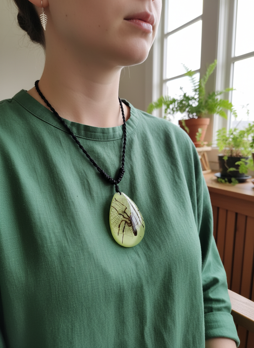 Person wearing spider pendant necklace