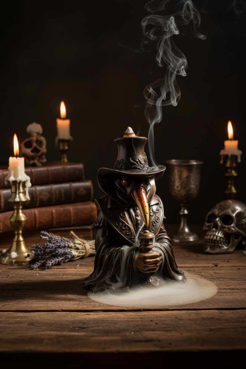 Plague Doctor Backflow Incense Burner with smoke