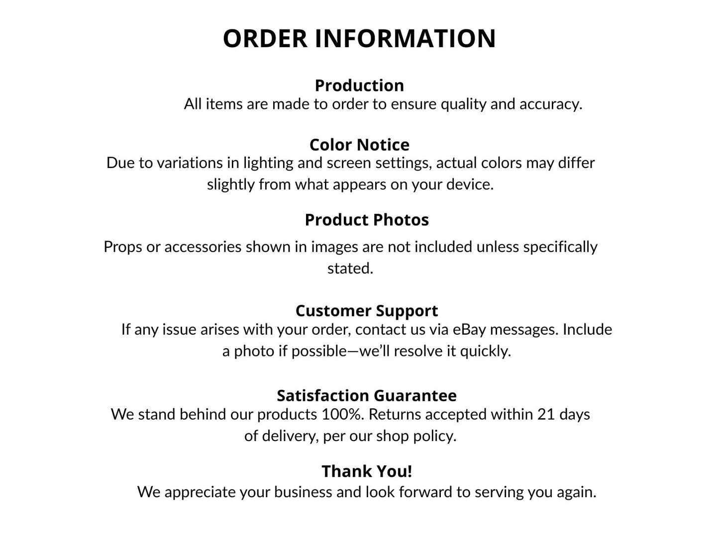 Order information text on a white background