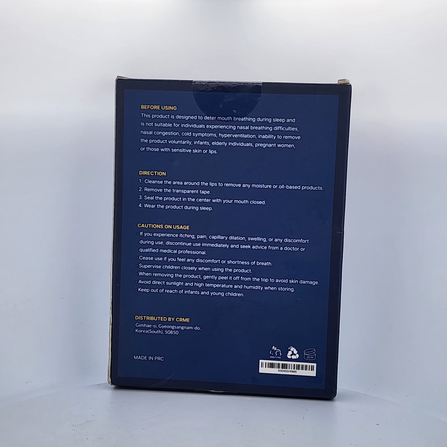Back of a blue product packaging with text on a white background
