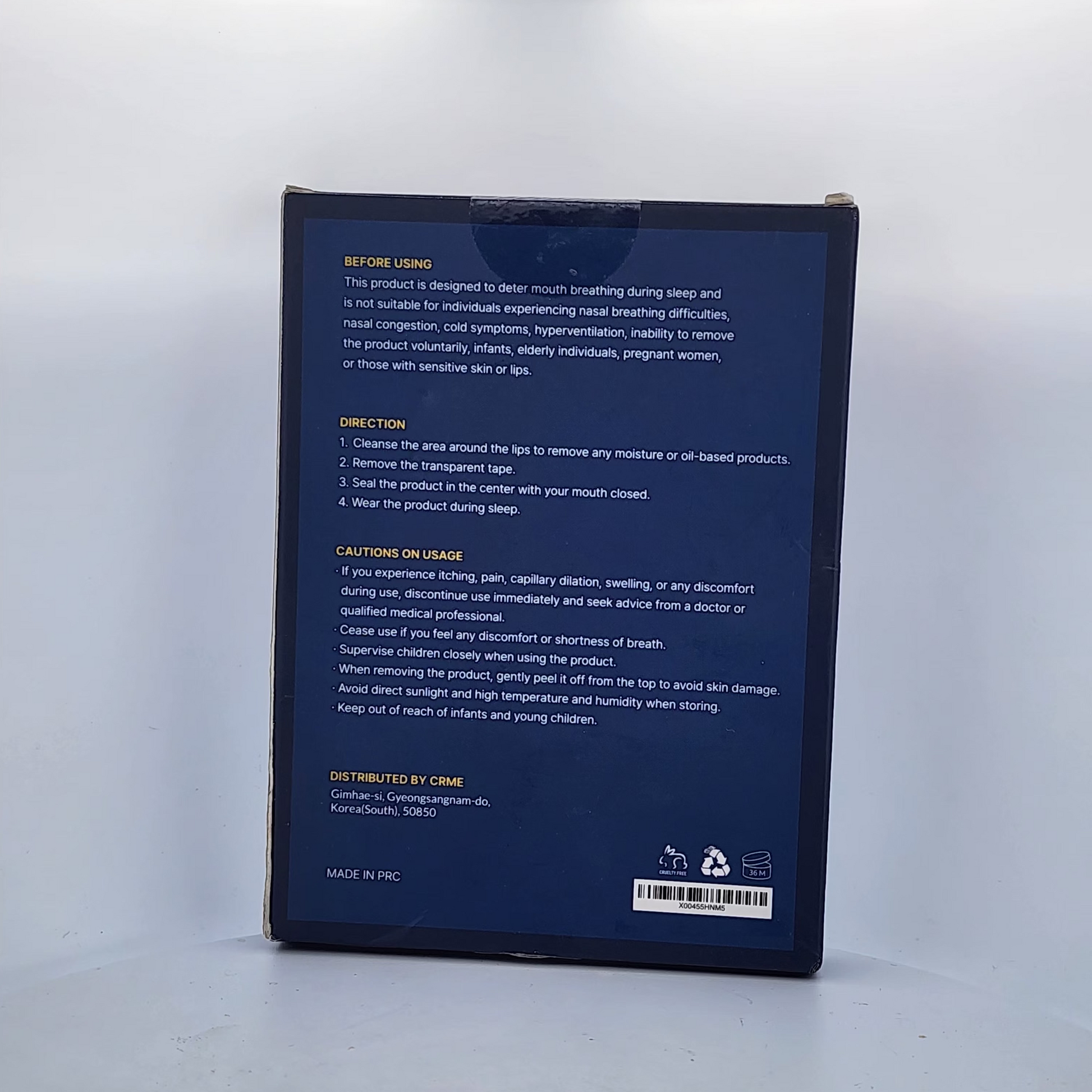 Back of a blue product packaging with text on a white background