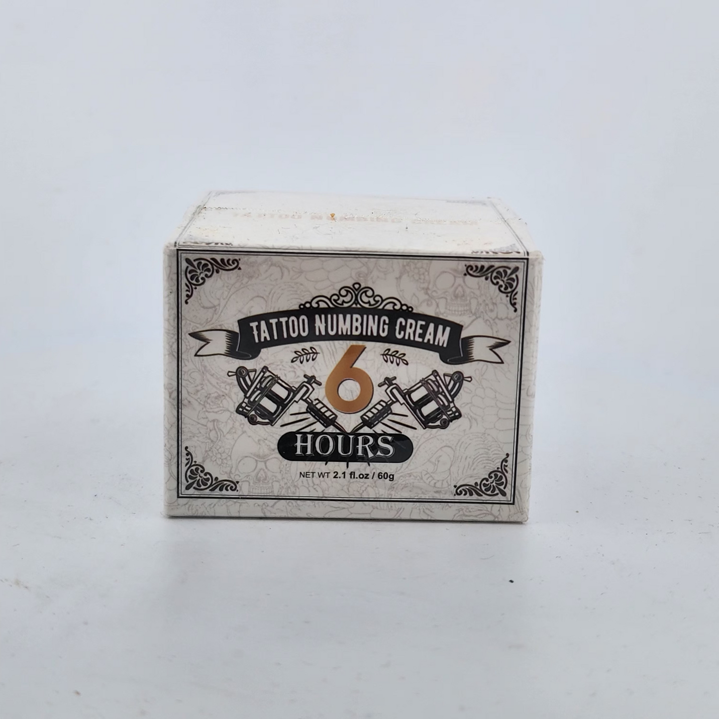 Box of tattoo numbing cream with '6 Hours' text on a white background