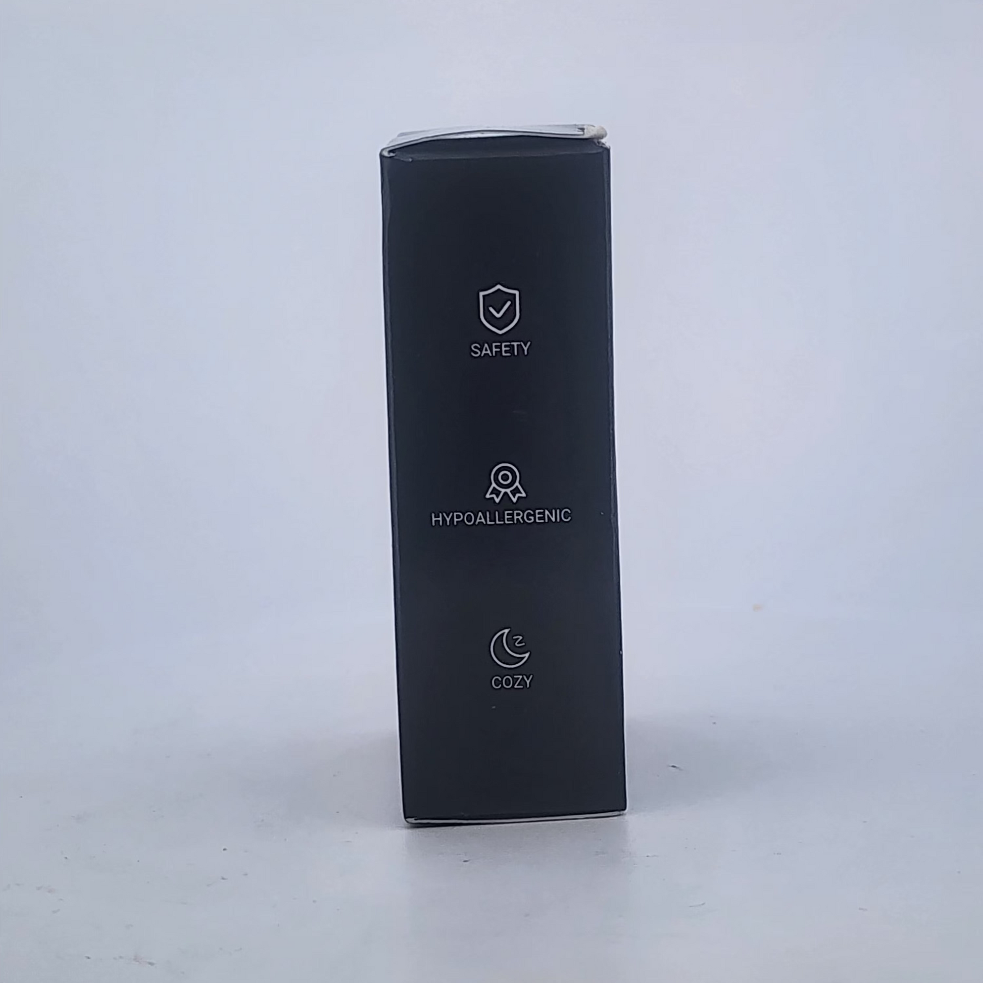 Black rectangular product box with text on a white background