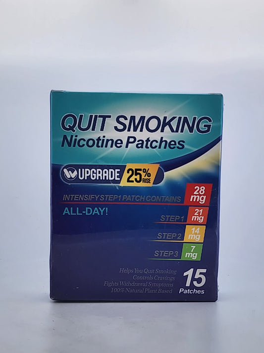 Box of quit smoking nicotine patches with blue and white design
