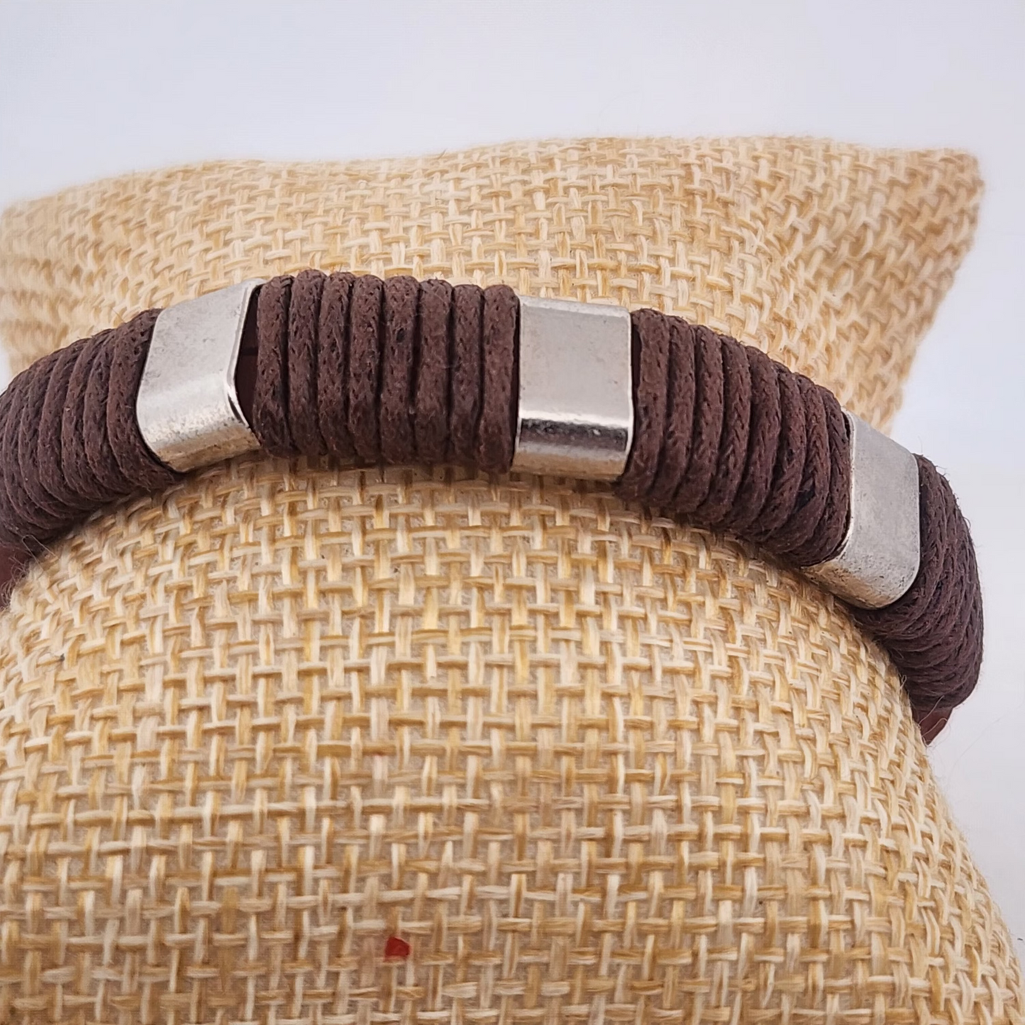 Light Brown Leather Bracelet with Silver Bar | Wrapped Detail Cuff | Unisex