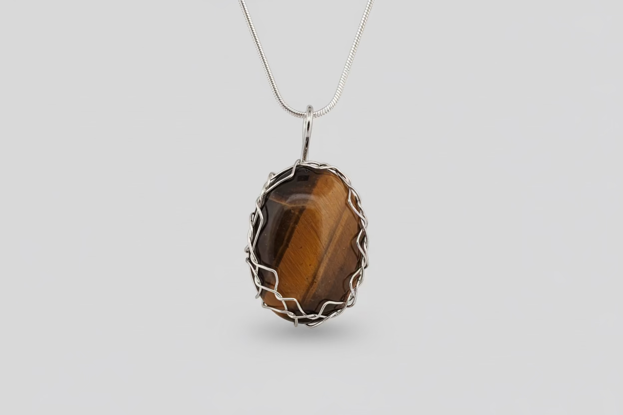 Brown stone pendant with silver wire wrapping on a beige fabric background