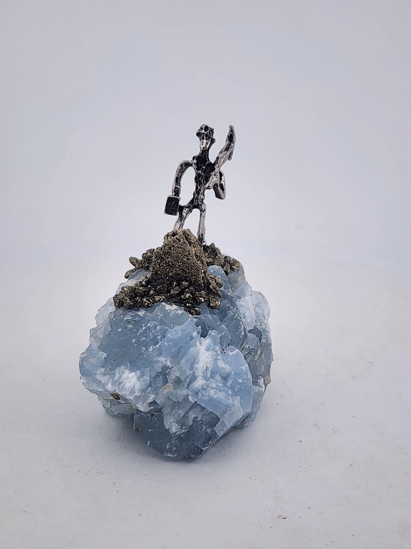 Celestite Crystal with Pewter Miner Figurine