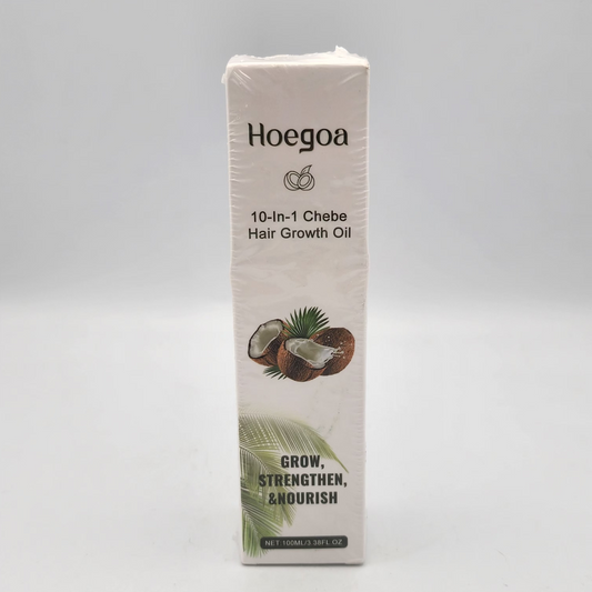 Hoegaoa 10-in-1 Chebe Hair Growth Oil packaging on a white background