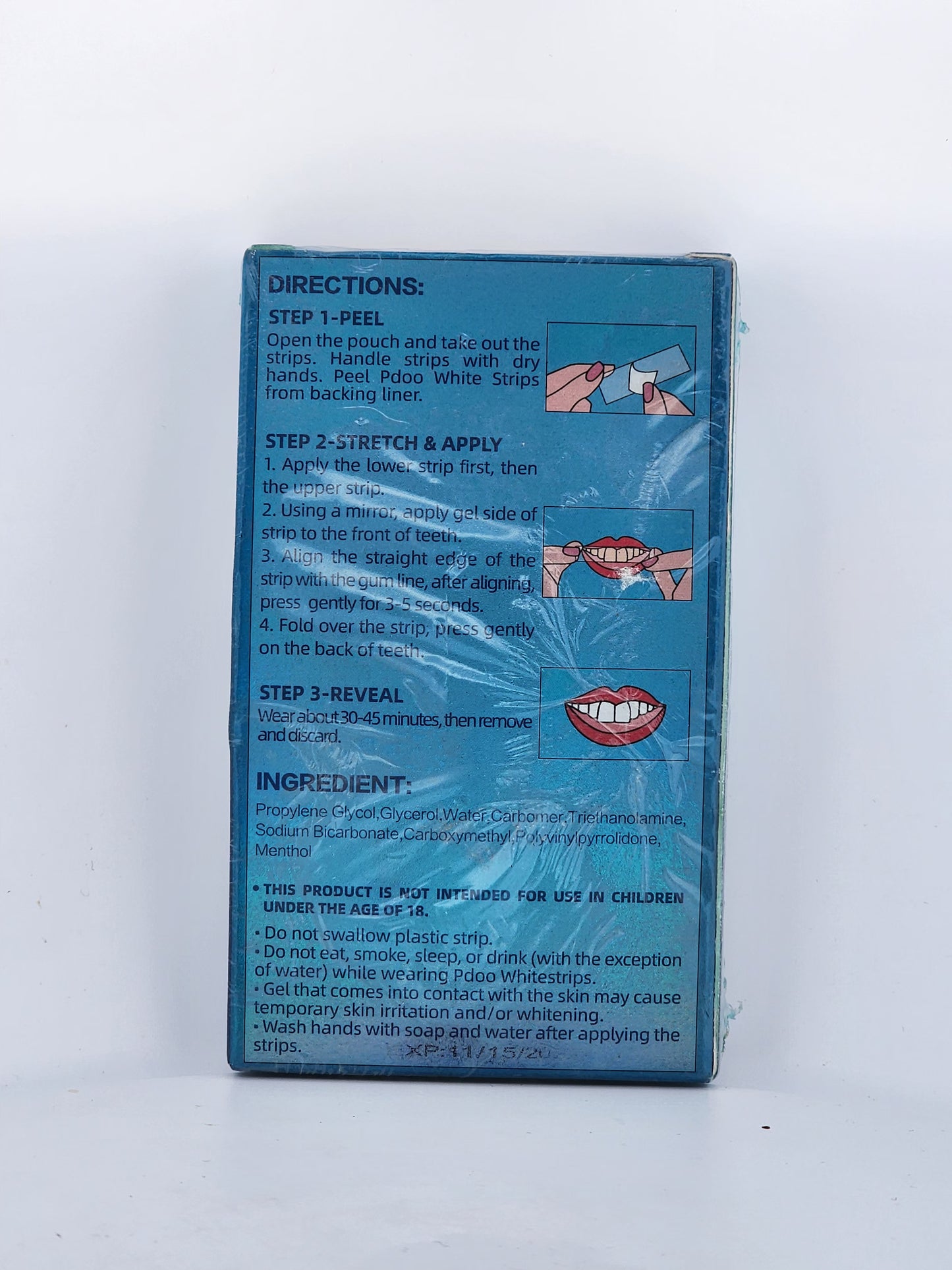 Blue packaging with text and instructions on a white background