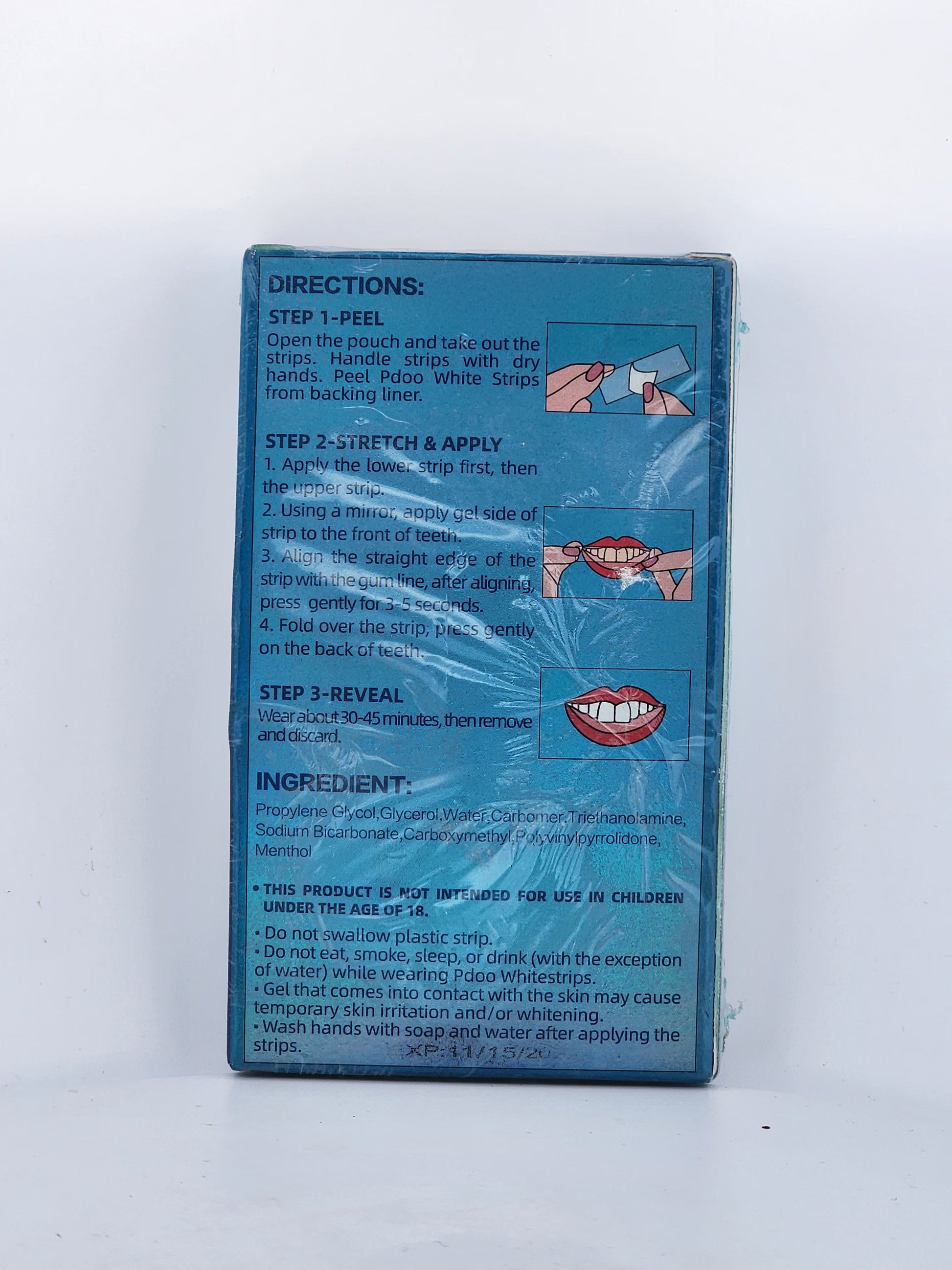 Blue packaging with text and instructions on a white background