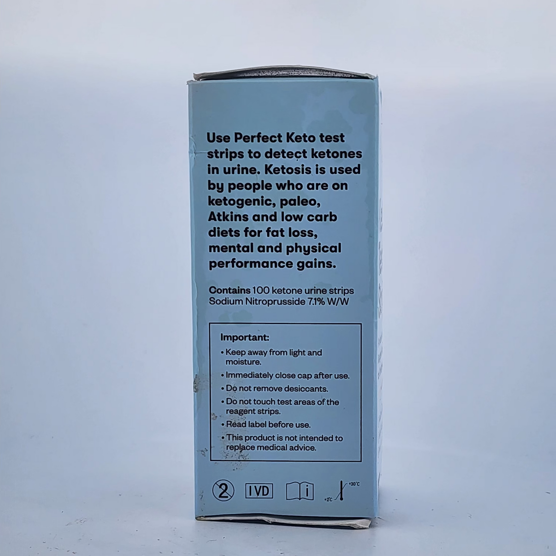 Blue box of Perfect Keto test strips on a white background