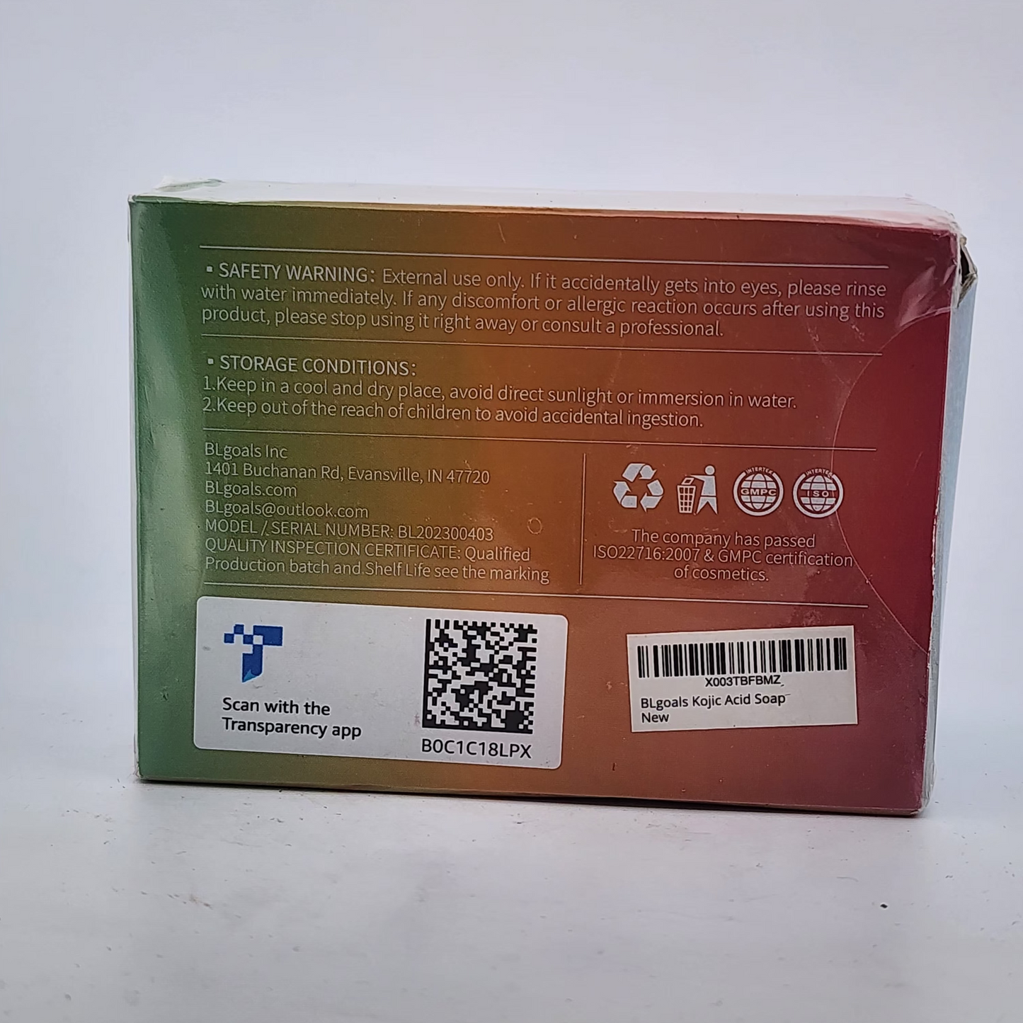 Product packaging with safety warning, storage conditions, and QR code on a white background
