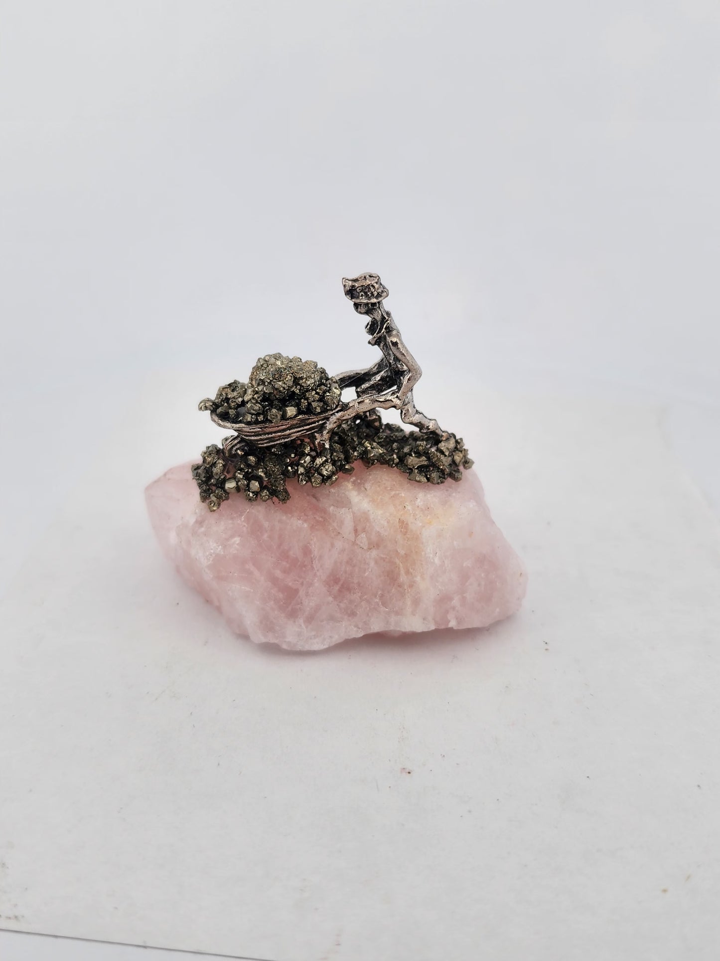 Rose Quartz Crystal with Pewter Gardener Figurine