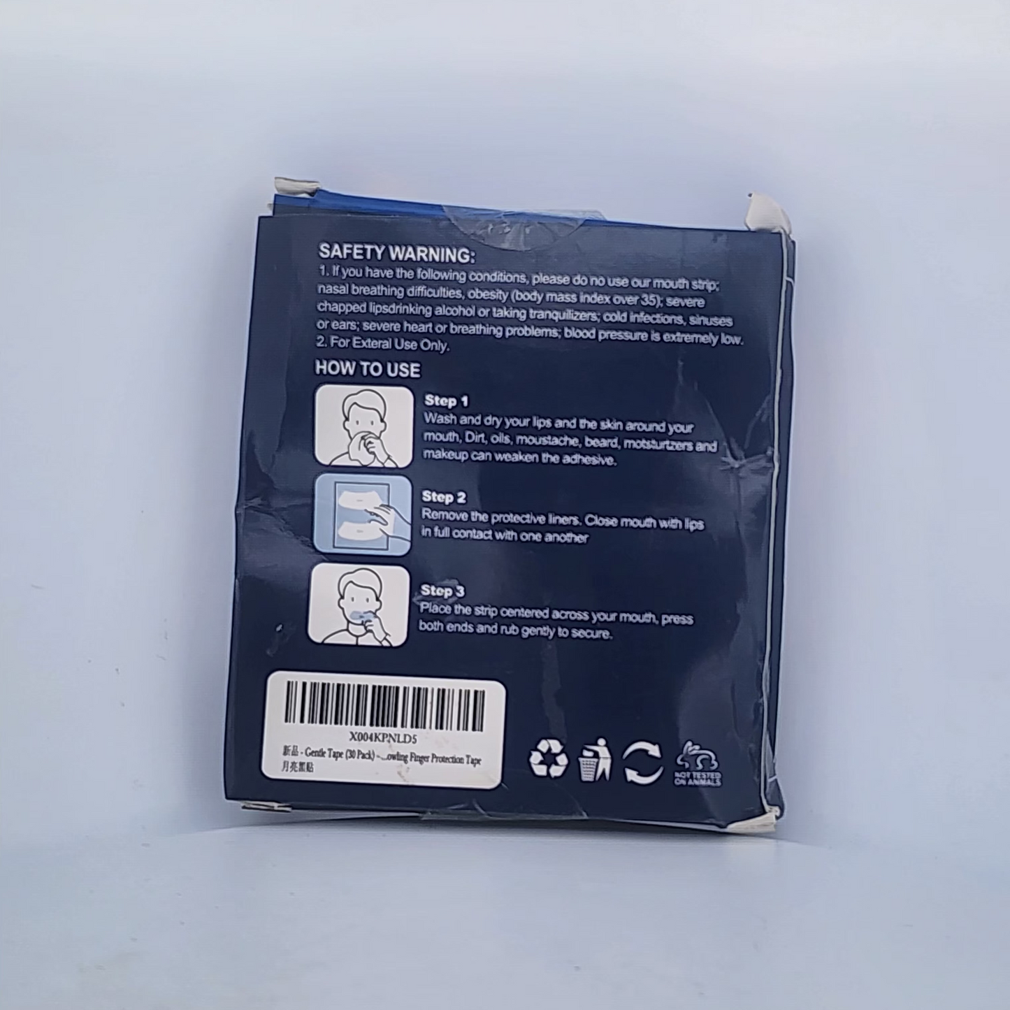 Back of a blue packaging with text and icons on a white background