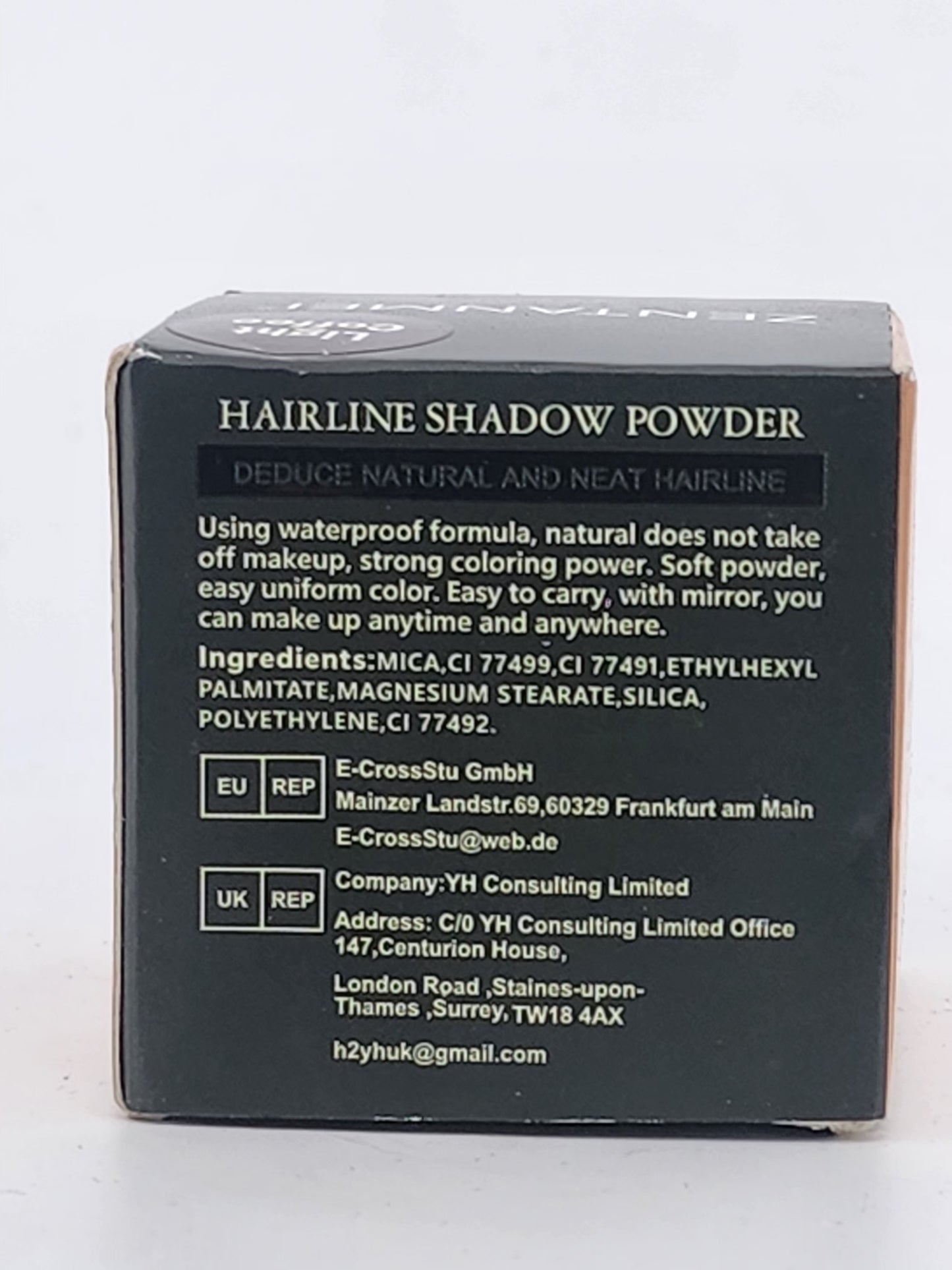 Back of a hairline shadow powder packaging with text and branding details.