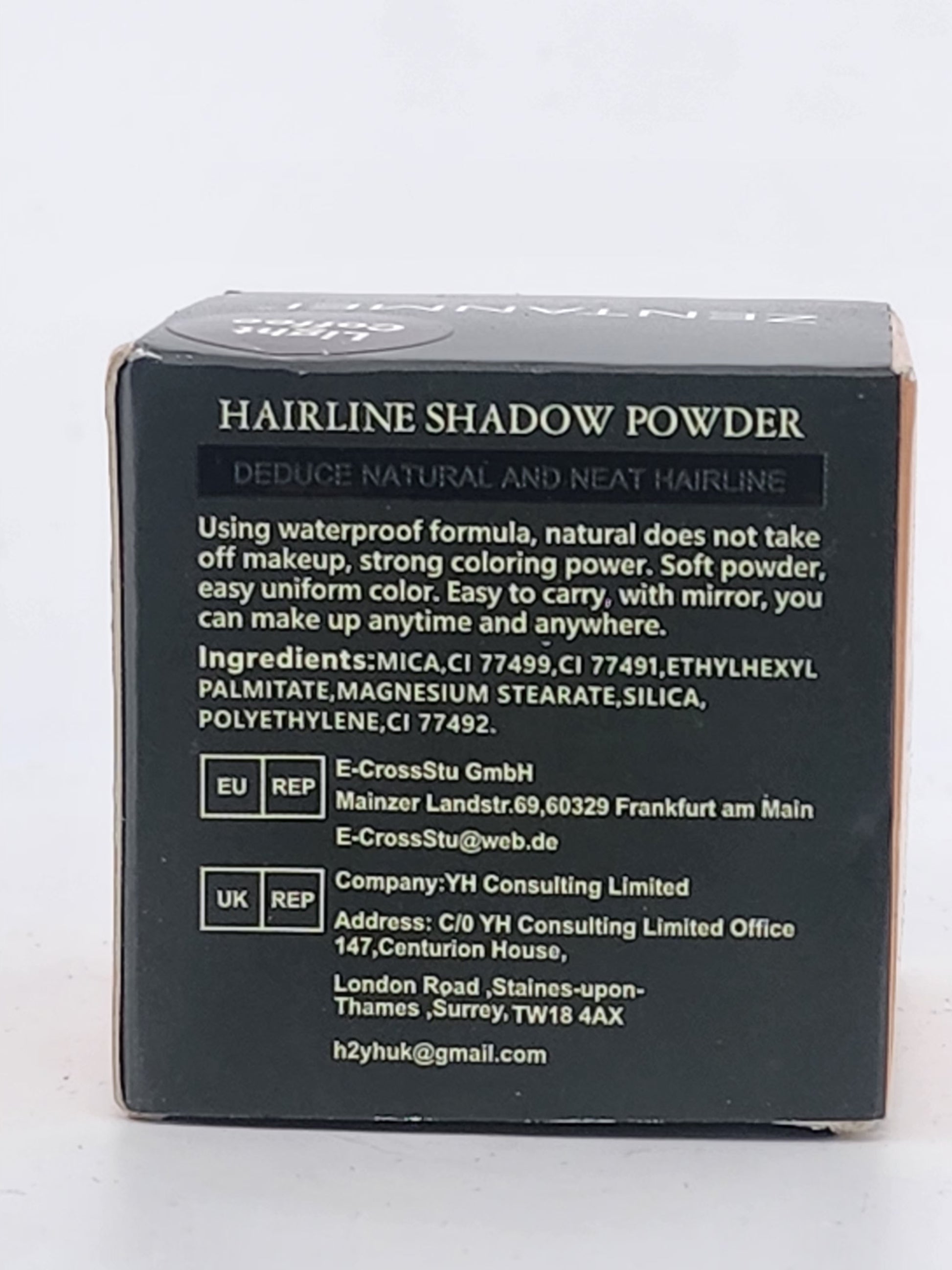 Back of a hairline shadow powder packaging with text and branding details.