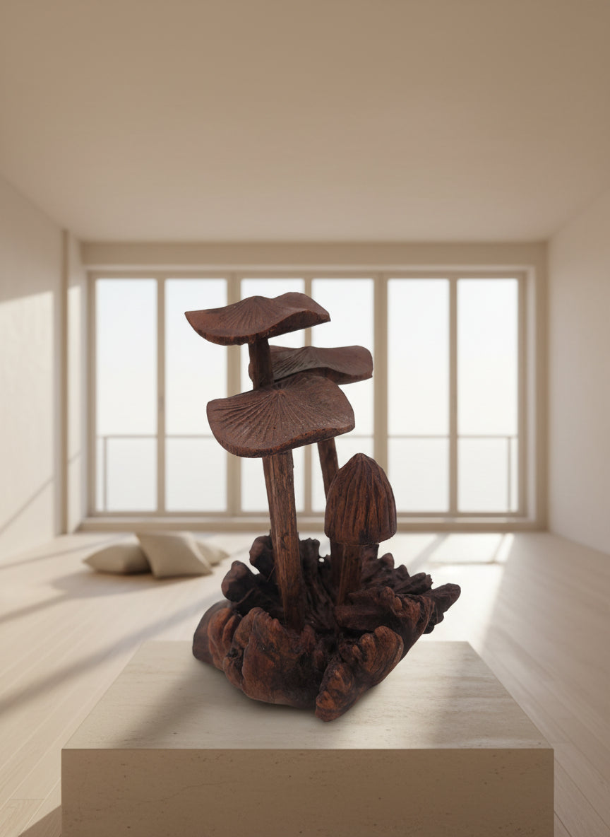 Hand-Carved Soro Wood Mushroom Sculpture