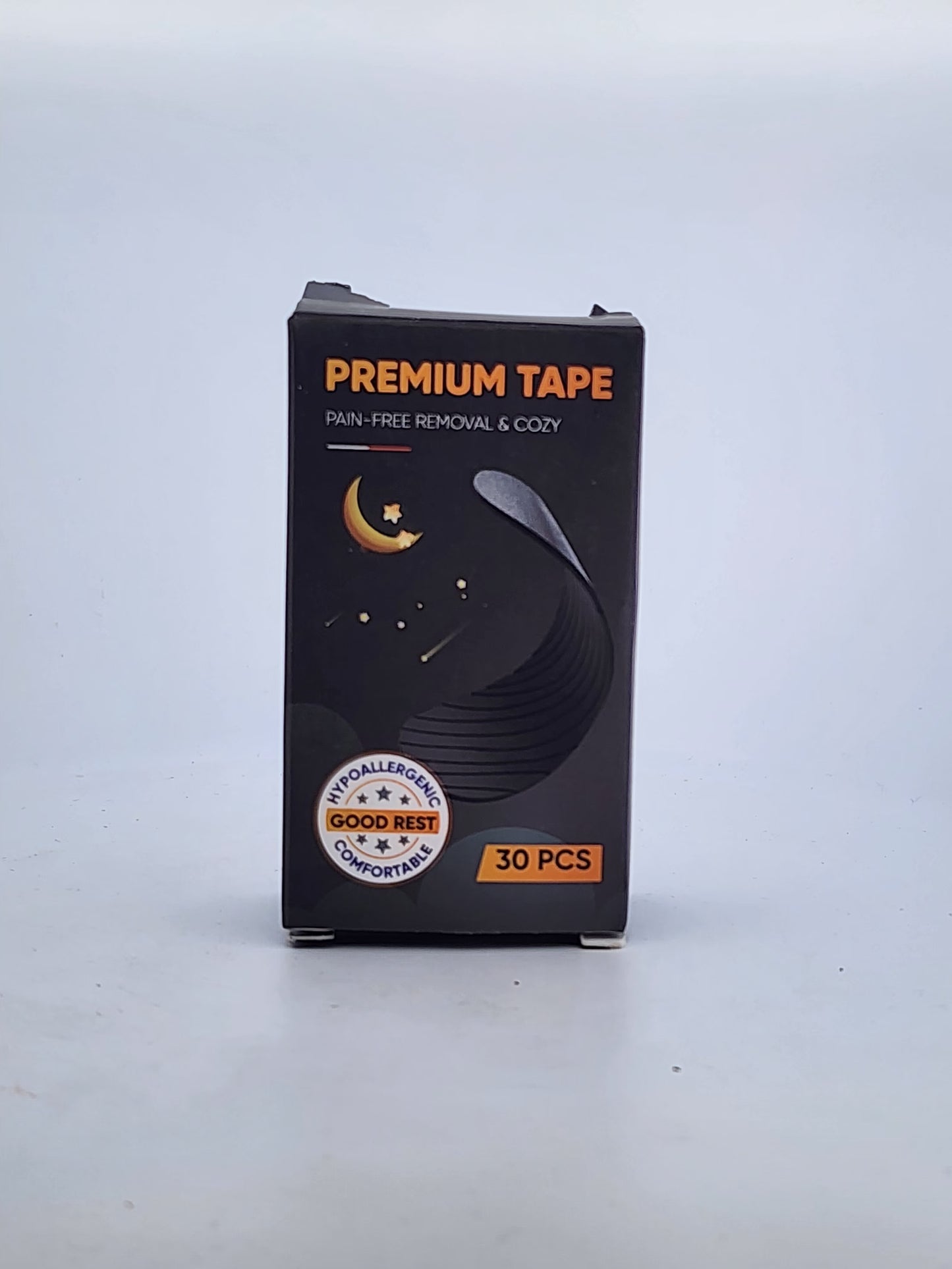 Box of premium tape with a label on a white background