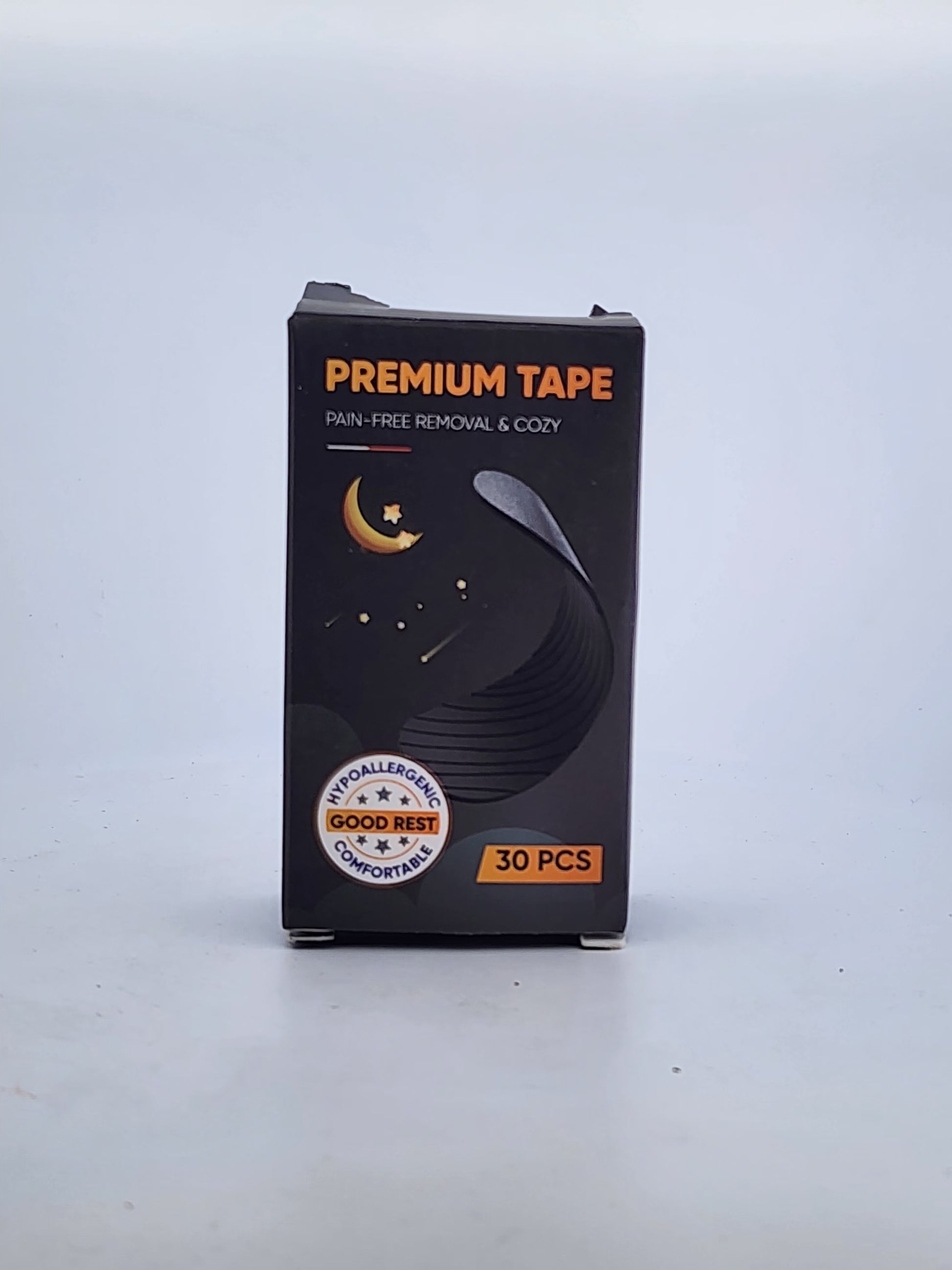 Box of premium tape with a label on a white background