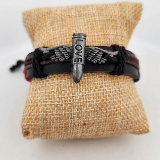 Black Leather Bracelet with Bullet & Wings Charm | Love Engraved | Unisex
