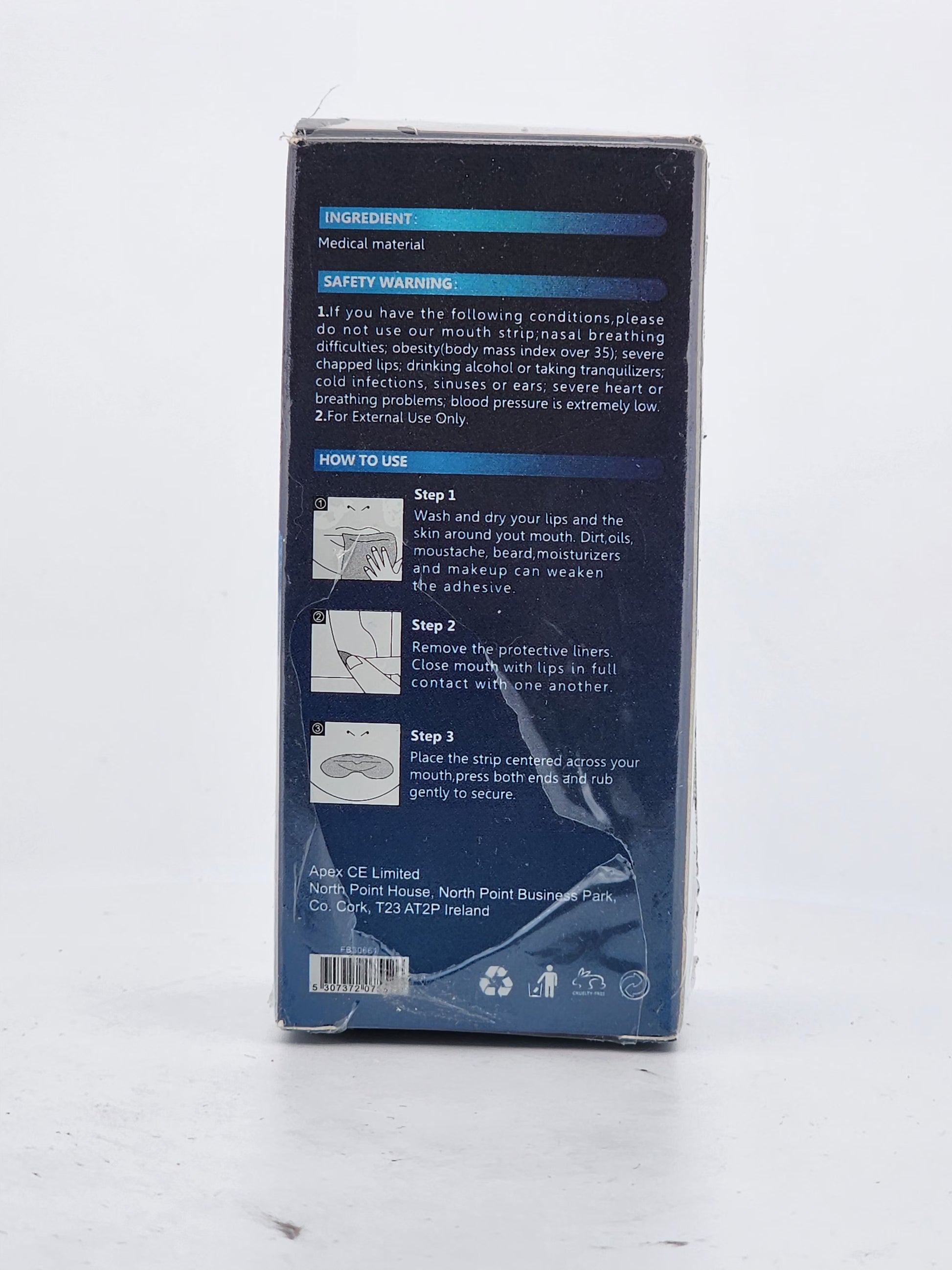 Back view of a blue medical device packaging with text and instructions on a white background