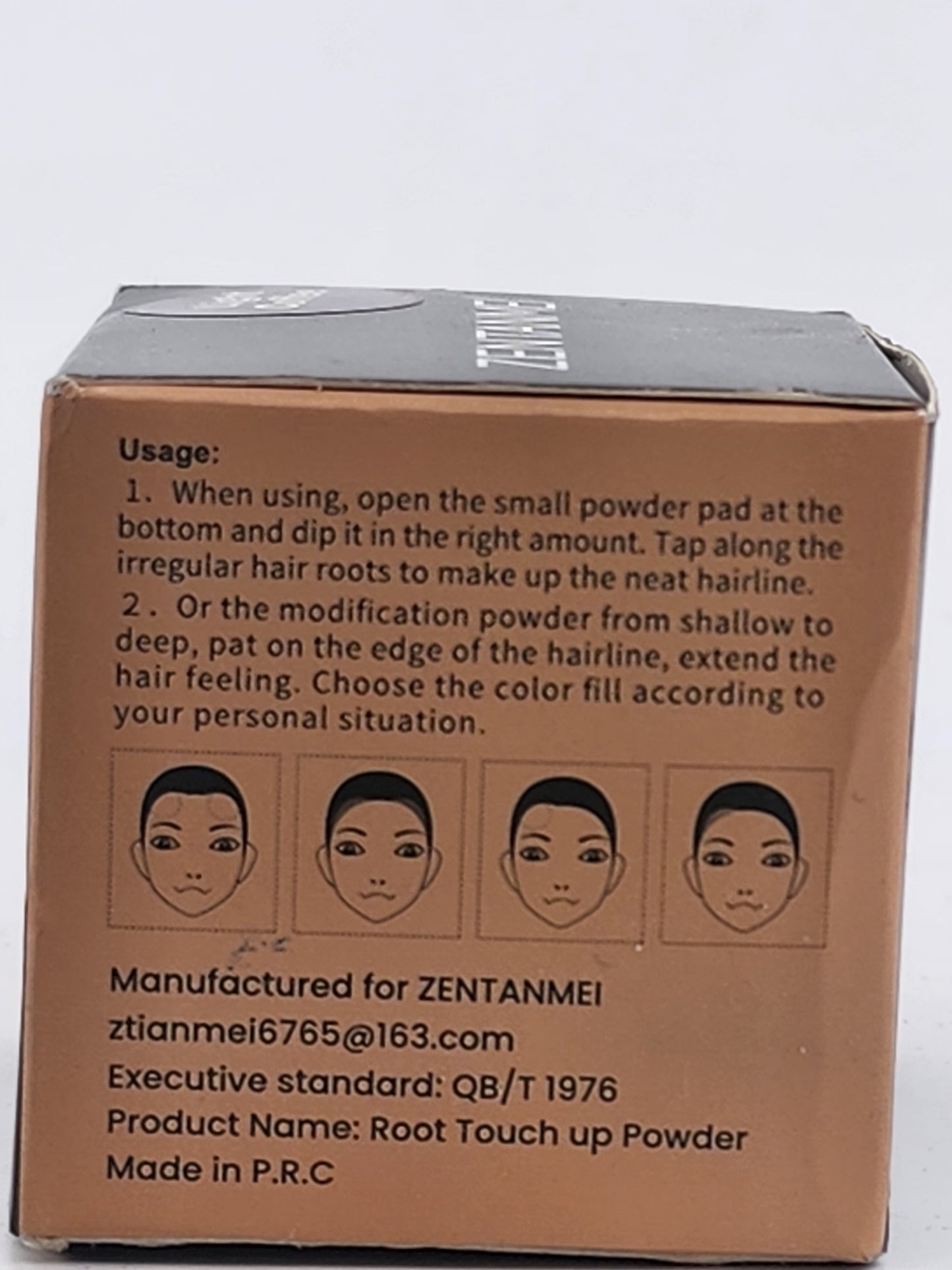 Box of root touch up powder with usage instructions and contact information on a white background