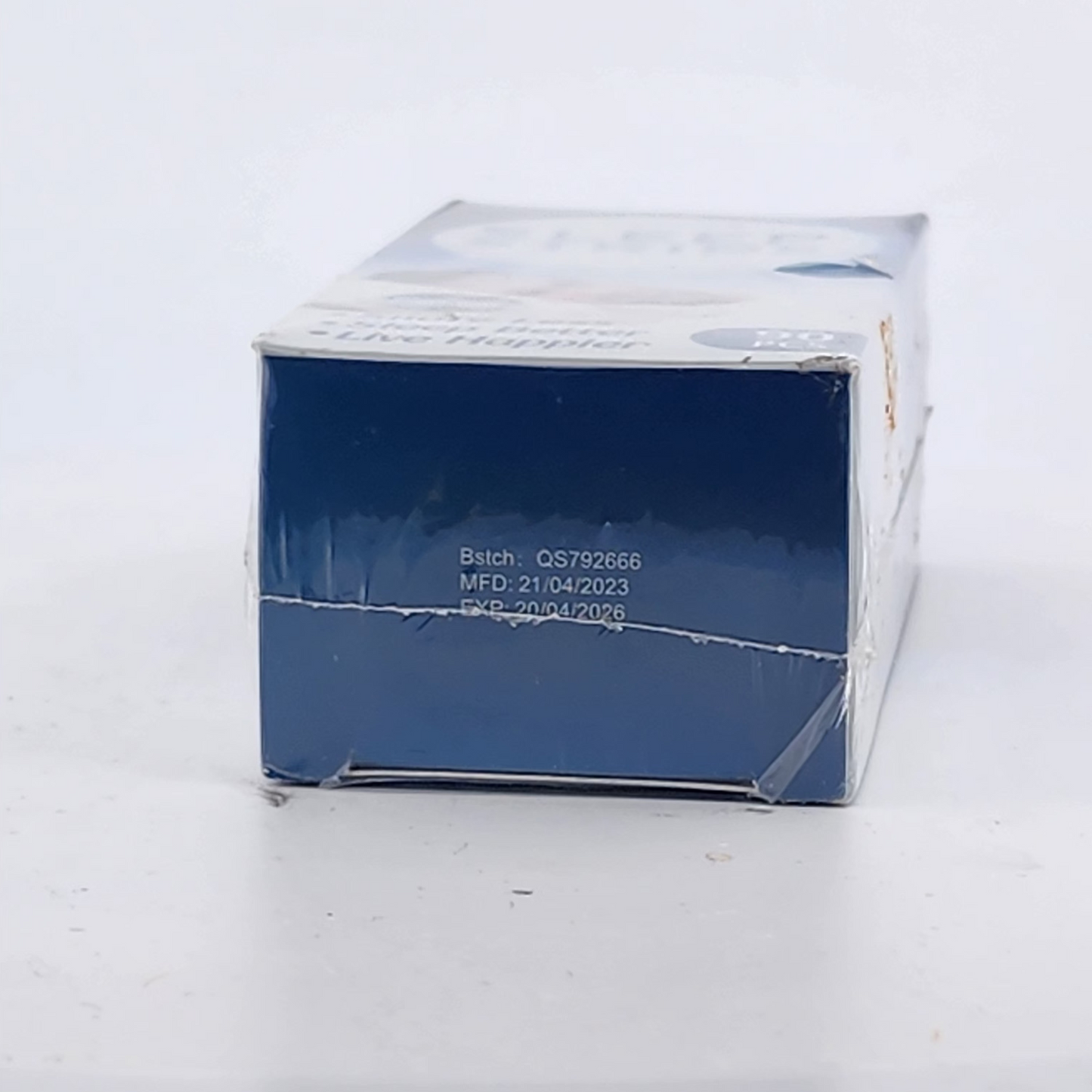 Blue box with text on a white surface