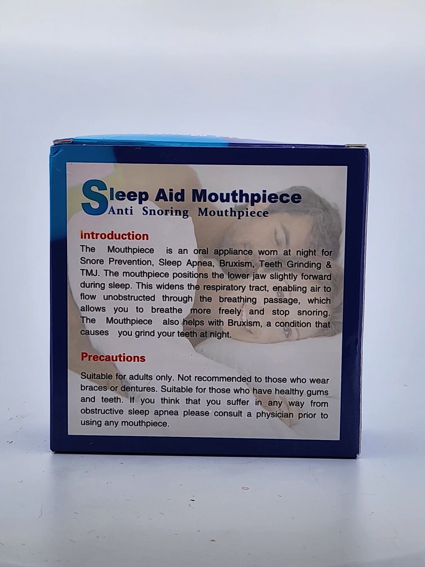 Sleep aid mouthpiece packaging with text on a white background