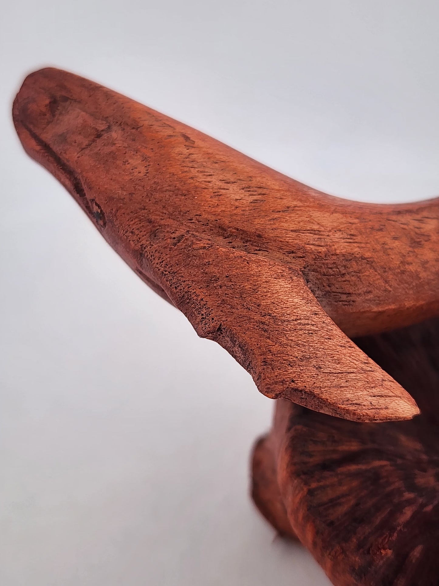Close-up of a wooden object with a natural finish on a white background