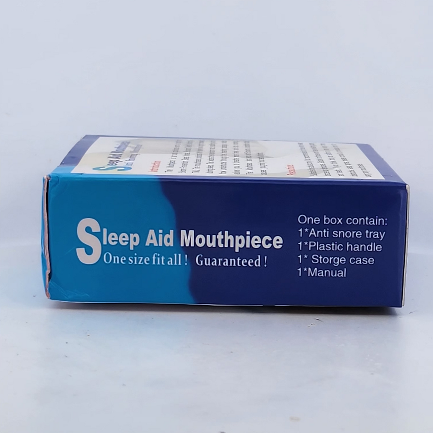 Box of Sleep Aid Mouthpiece on a light blue background