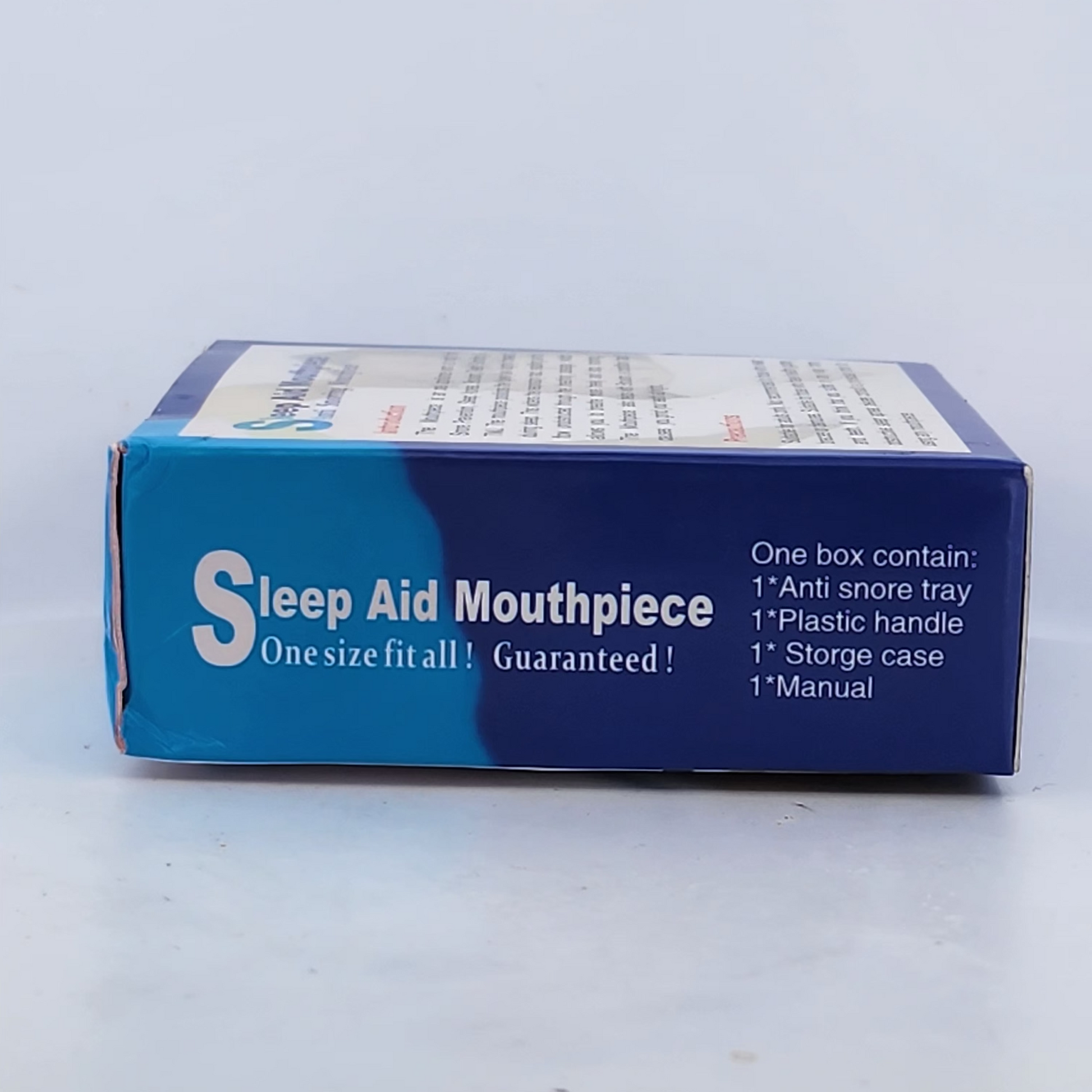 Box of Sleep Aid Mouthpiece on a light blue background