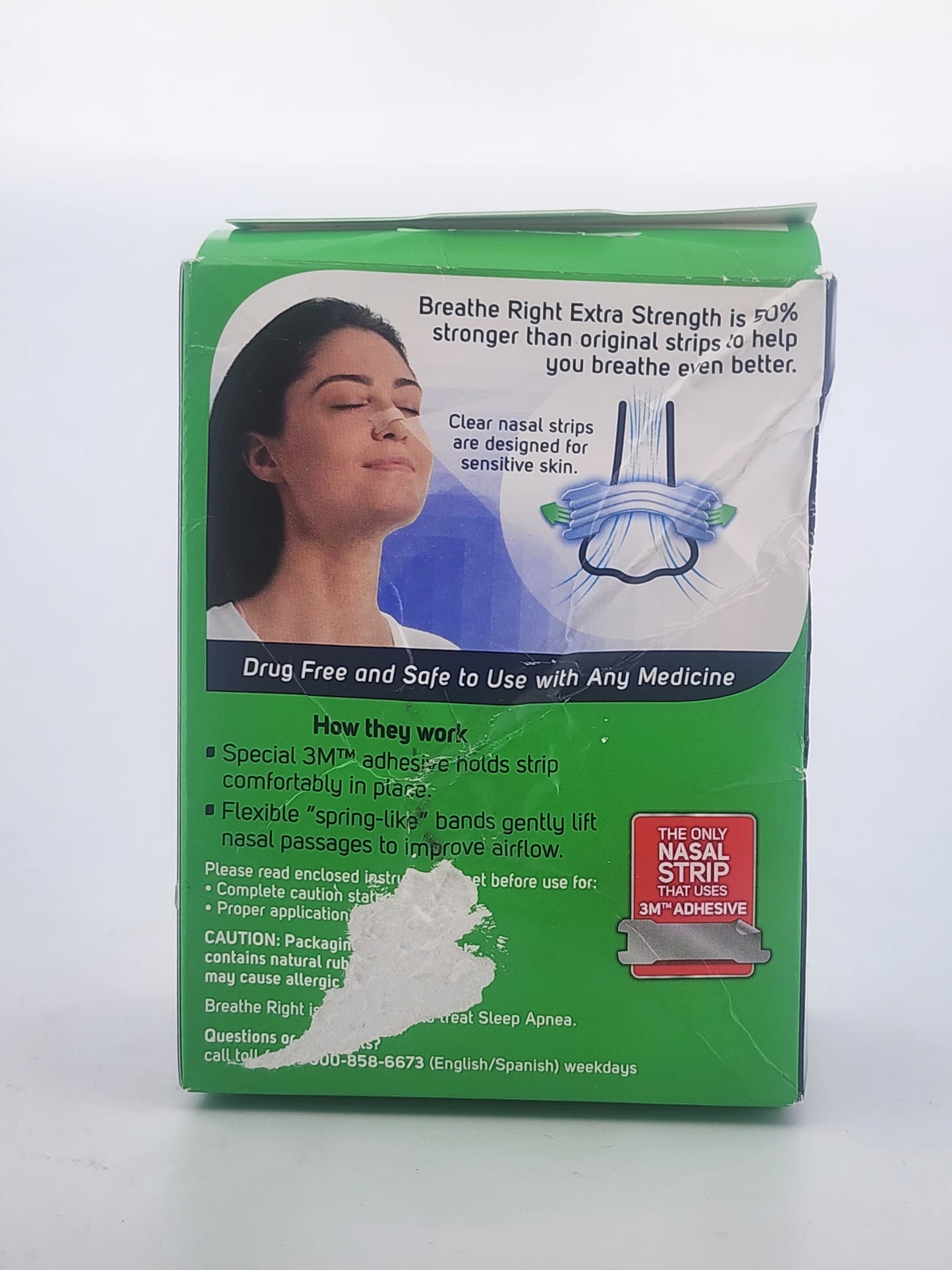 Box of Breathe Right Extra Strength nasal strips with a woman's face on the packaging.