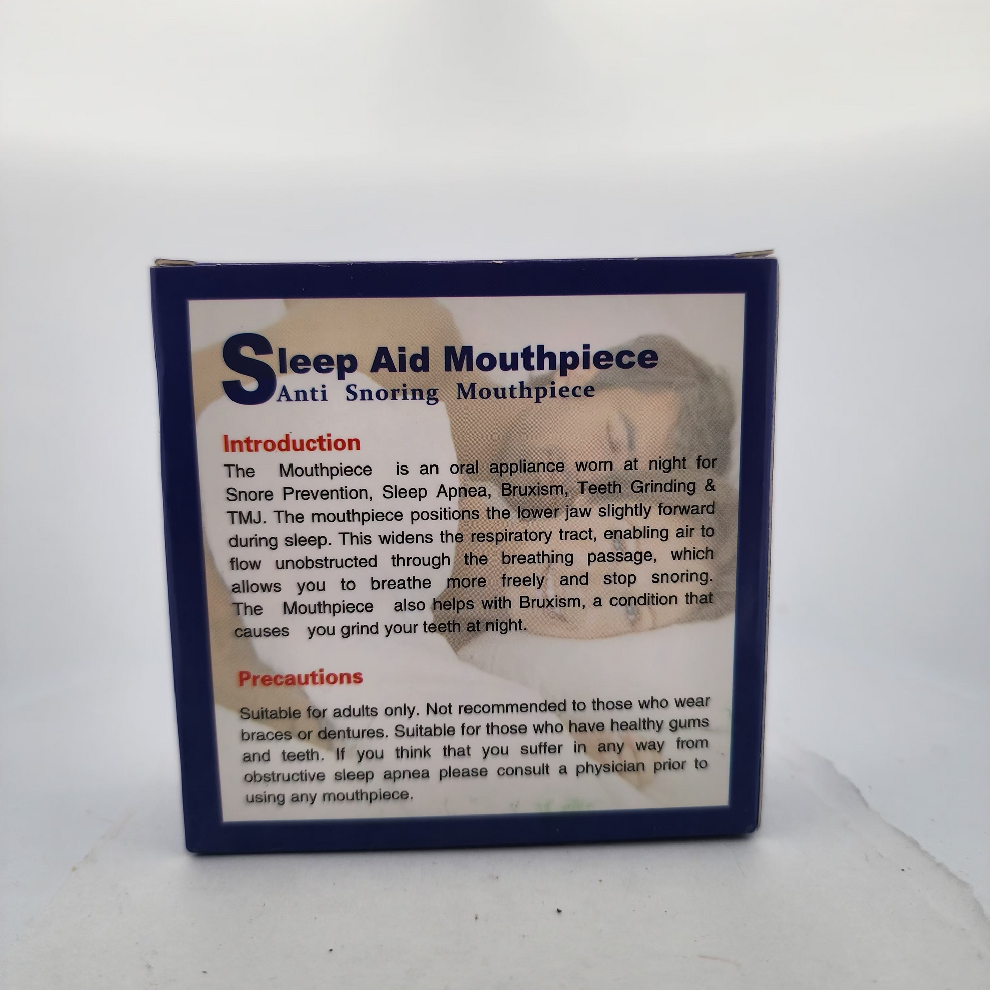 Sleep aid mouthpiece packaging with text on a white background